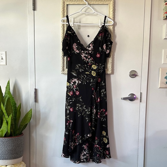 BAND OF GYPSIES | Black Floral Midi Off the Shoulder Faux Wrap Dress - Picture 2 of 14